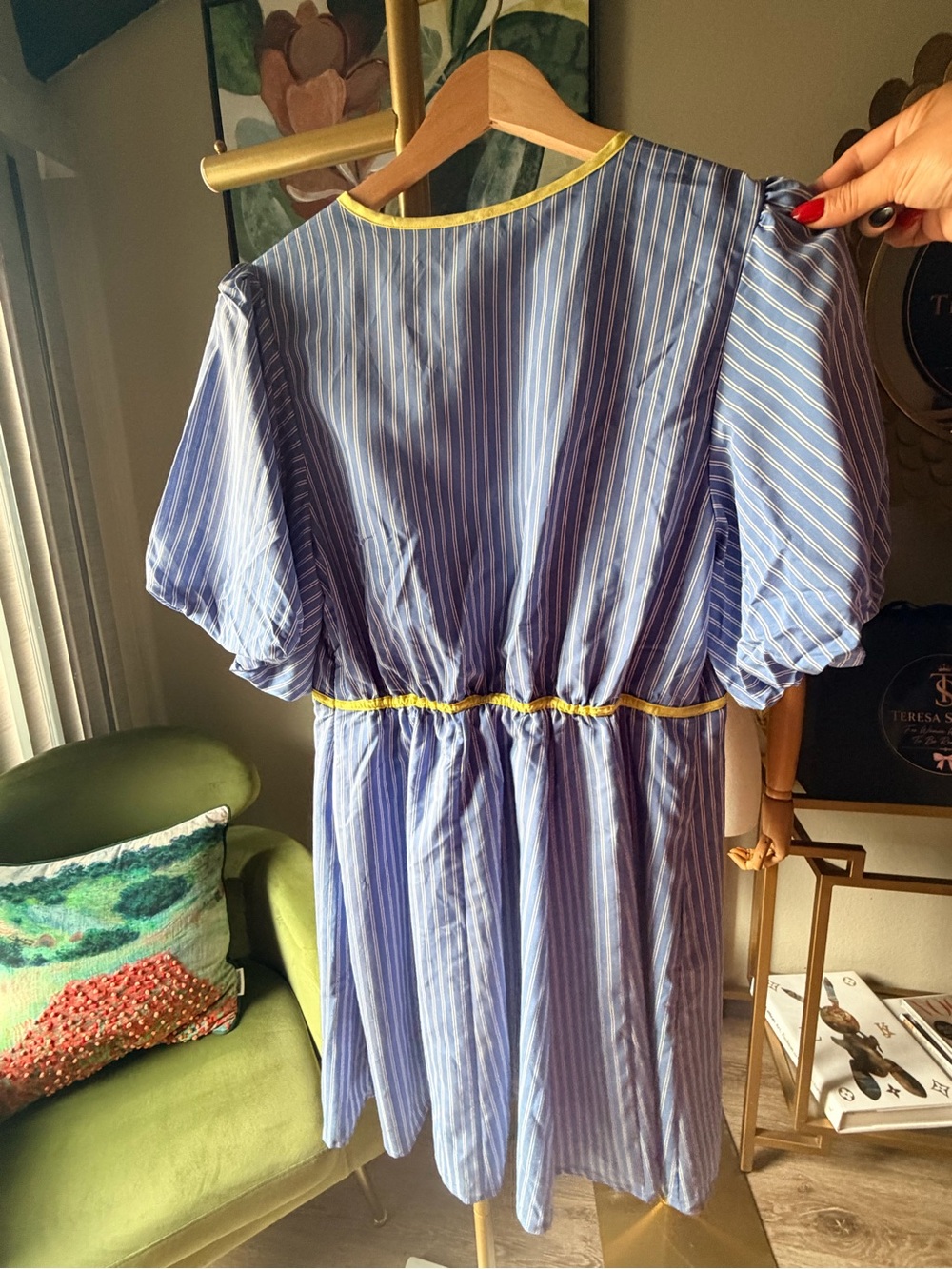 Anthropologie Maeve Blue Striped Midi Dress Yellow Trim Tie Front Size L Boho - Picture 6 of 10